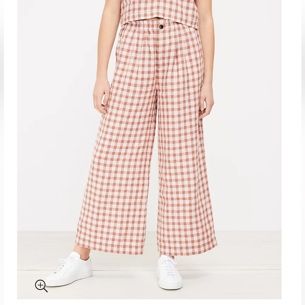 Lou & Grey gingham plaid wide leg linen pants (pink and brown)